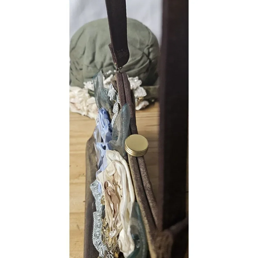 Vintage Handmade stitched Fabric brooches floral‎ upper retro bucket handbag
